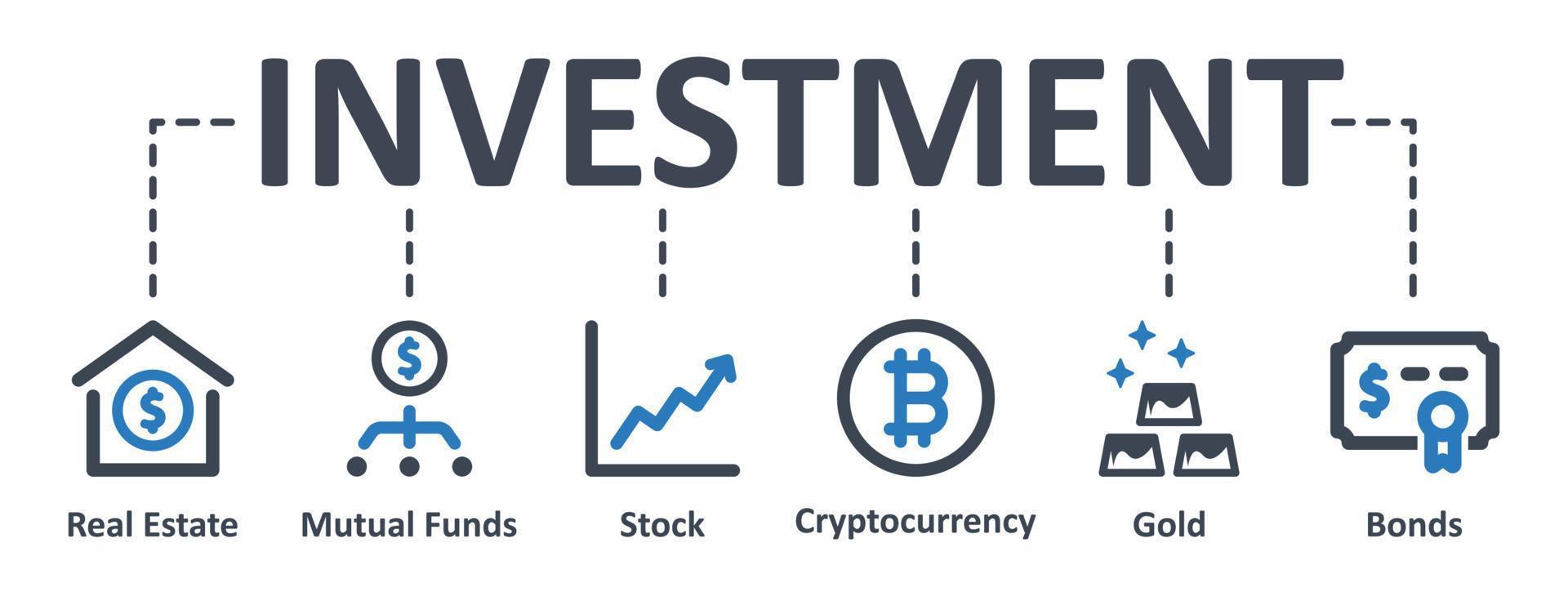 Investment-Symbol - Vektor-Illustration. Investition, Geschäft, Finanzen, Eigentum, Land, Lager, Gold, Anleihe, Infografik, Vorlage, Präsentation, Konzept, Banner, Piktogramm, Symbolsatz, Symbole . vektor