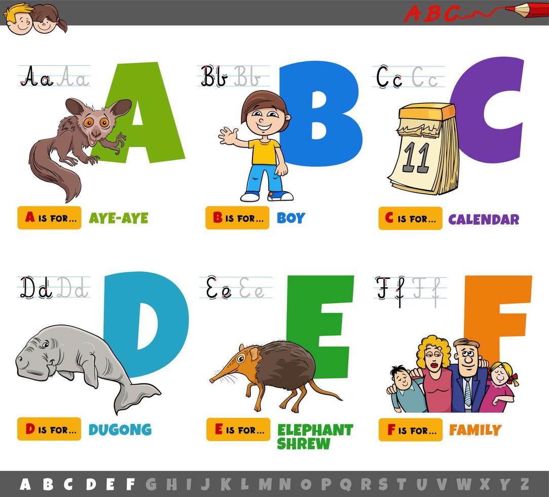 pädagogische Cartoon Alphabet Buchstaben für Kinder von a bis f vektor