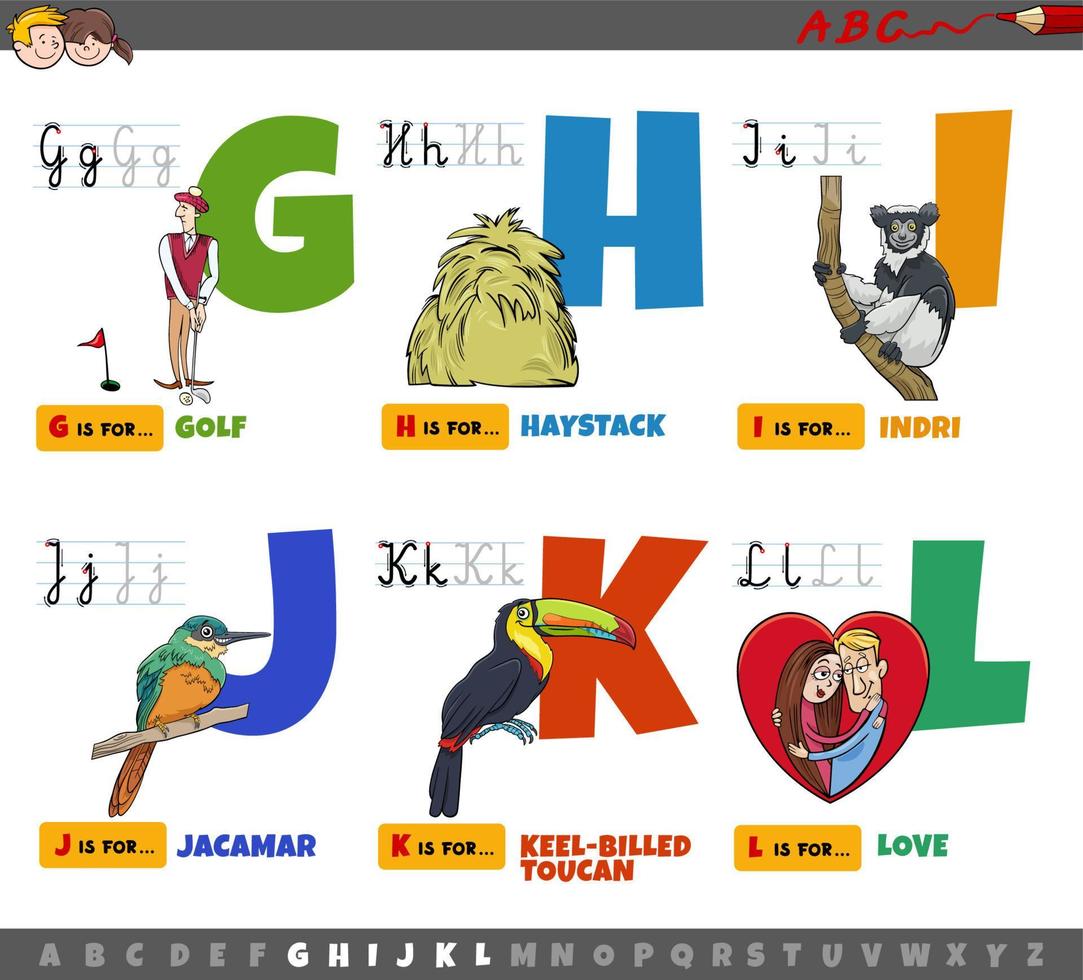pädagogische Cartoon Alphabet Buchstaben für Kinder von g bis l vektor