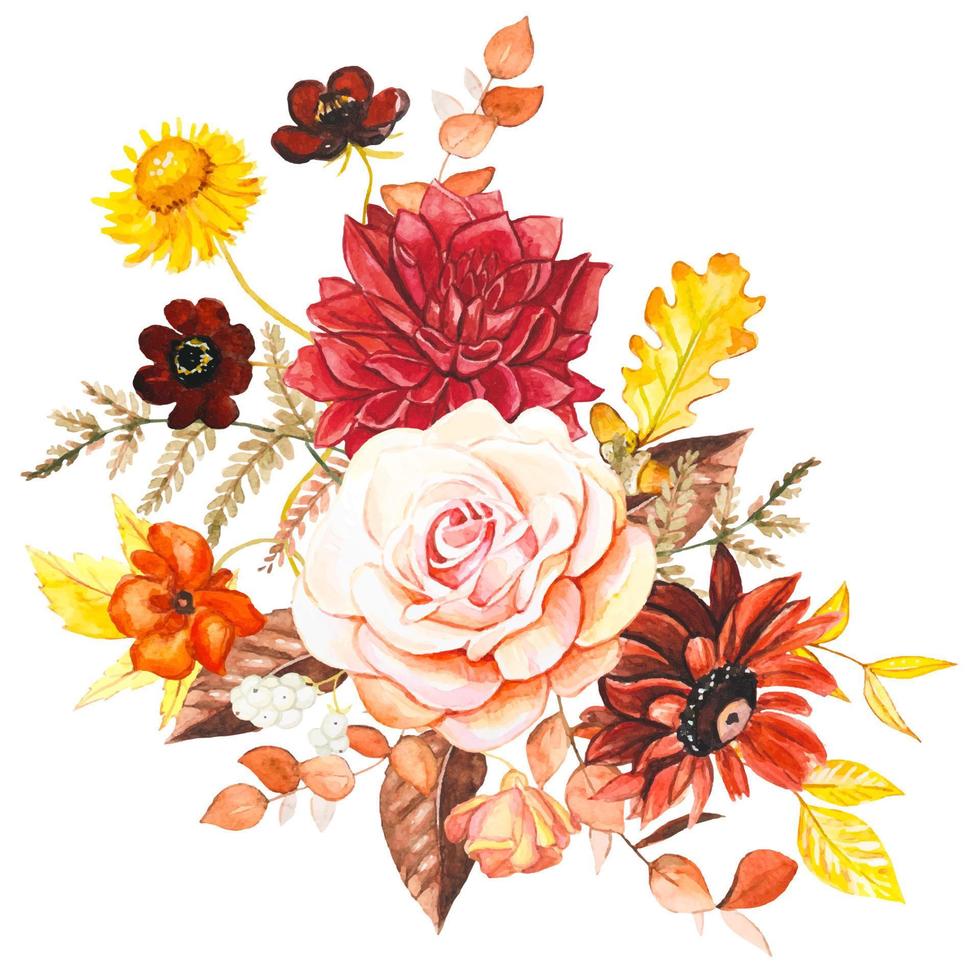 vacker höstbukett med handmålade, vinröda, gula blommor, löv. vektor