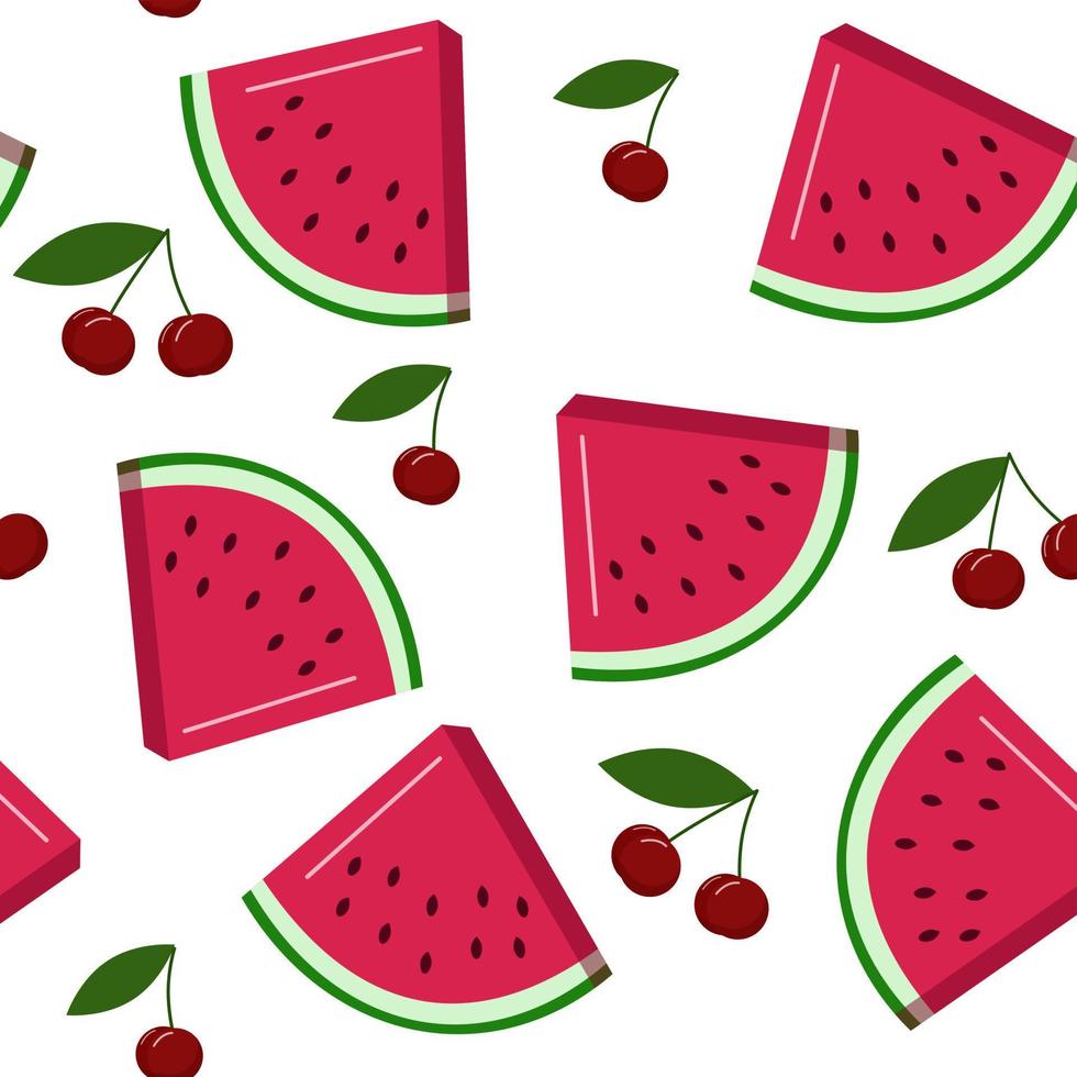 Wassermelonen- und Kirschmuster. hell, saftig, frisch, sommerlich. geeignet für Textilien oder Hintergründe. Cartoon-Vektor-Illustration vektor