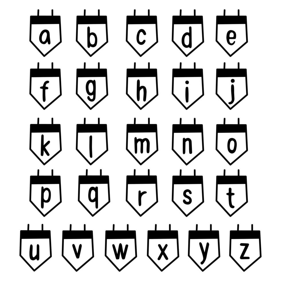 söta gemener alfabetet i flaggramen på vit bakgrund. vektor illustration om bokstäver för dekoration.