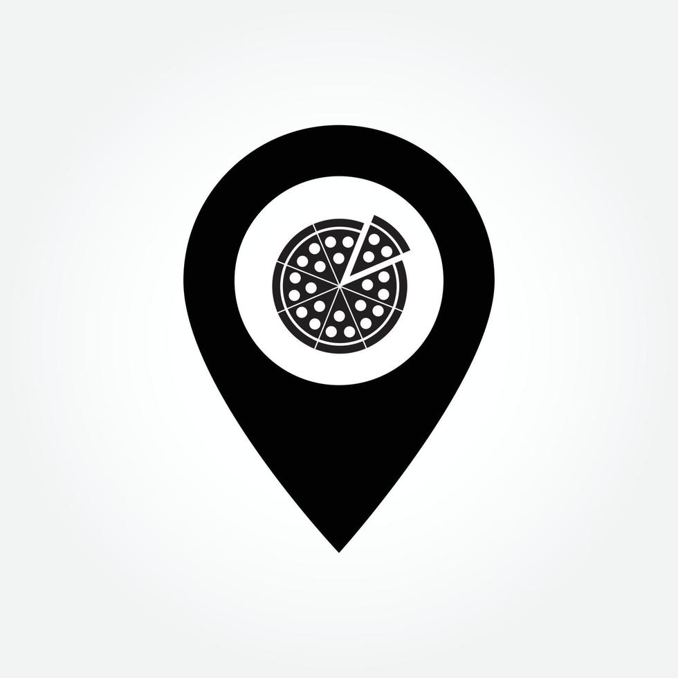 Pizza-Geo-Standort-Konzept-Vektor-Design-Vorlage. Pizza Location Plat Design Schwarz-Weiß-Cliparts. Kartenzeiger mit Fast-Food-Stück-Pizza-Symbol isoliert auf weißem Hintergrund. Pizzeria-Standortsymbol. vektor
