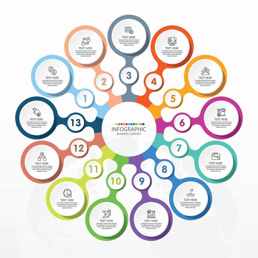 grundläggande cirkelinfografisk mall med 13 steg, process eller alternativ, processdiagram, används för processdiagram, presentationer, arbetsflödeslayout, flödesschema, infograph. vektor eps10 illustration.