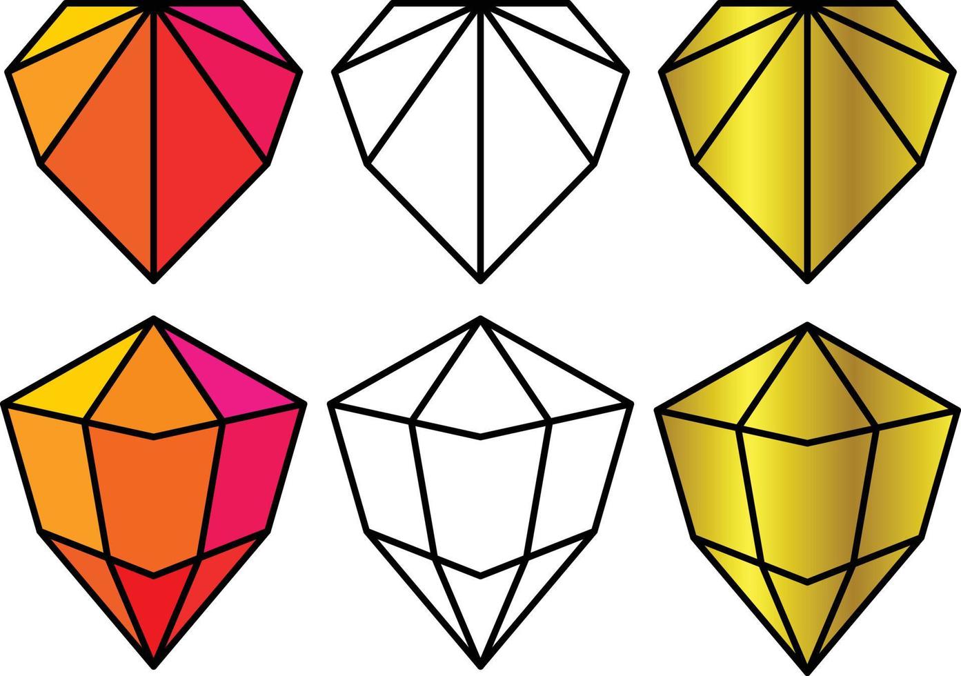 Diamant-Icon-Set für Designelement, bunt, Umriss und goldene Diamantfarbe vektor