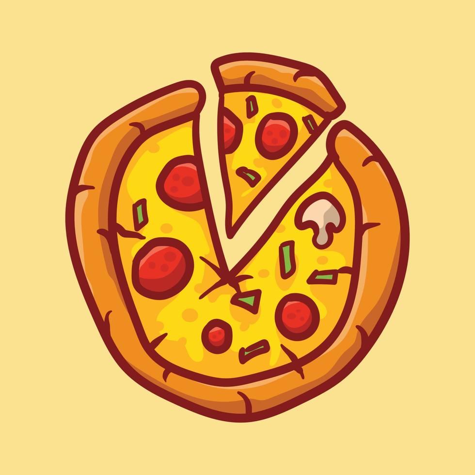 illustration vektorgrafik av söt pizza med tecknad stil handritning bra för restaurang, t-shirt, tryck, klistermärke, café, logotyp, emblem, marknadsföring etc vektor