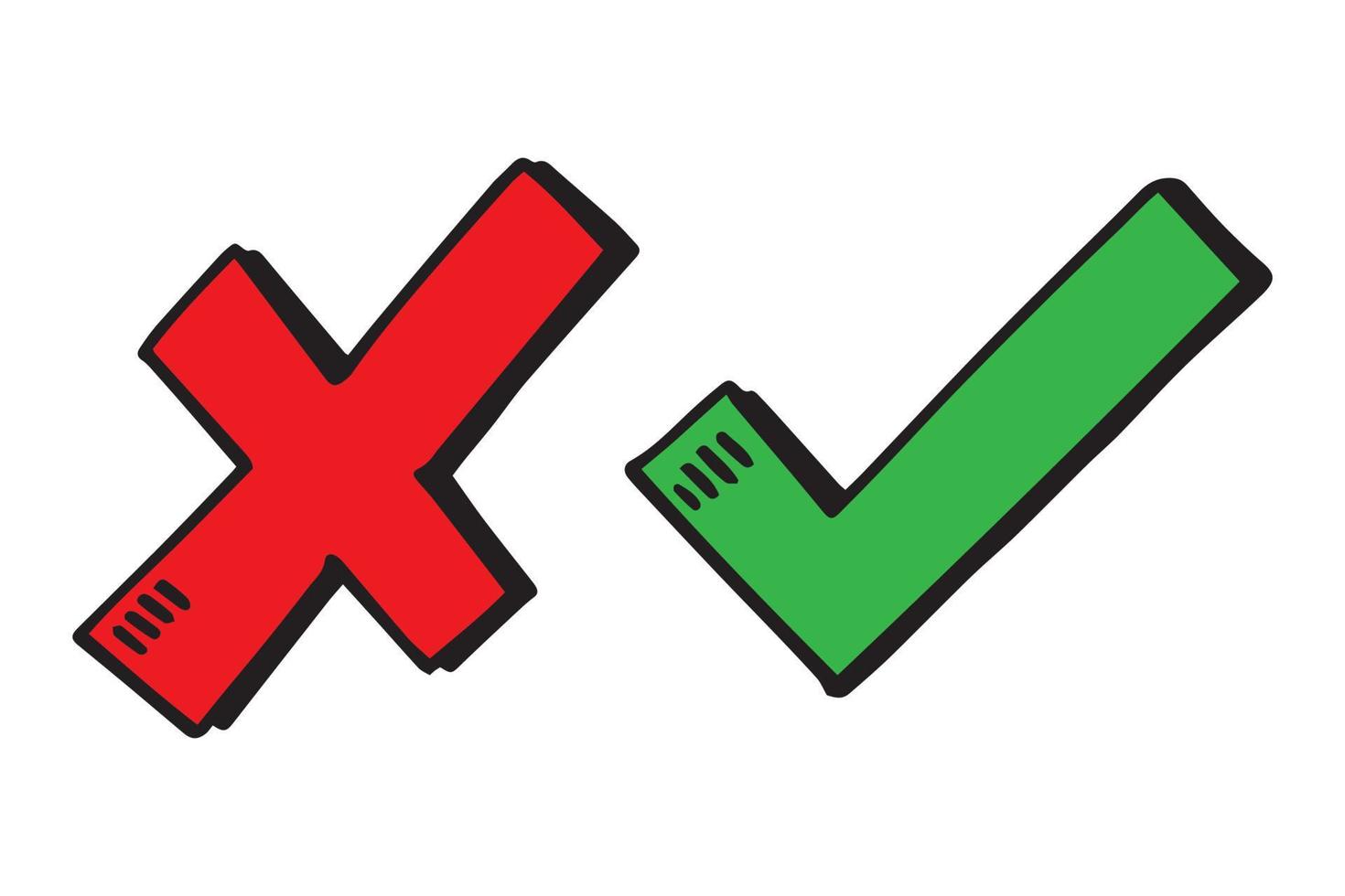 bock och korsborste. ok grön bock och röd x-ikon, isolerad på vit bakgrund. symbol ja och nej knappar för röst, beslut, webb. rätt och fel. vektor