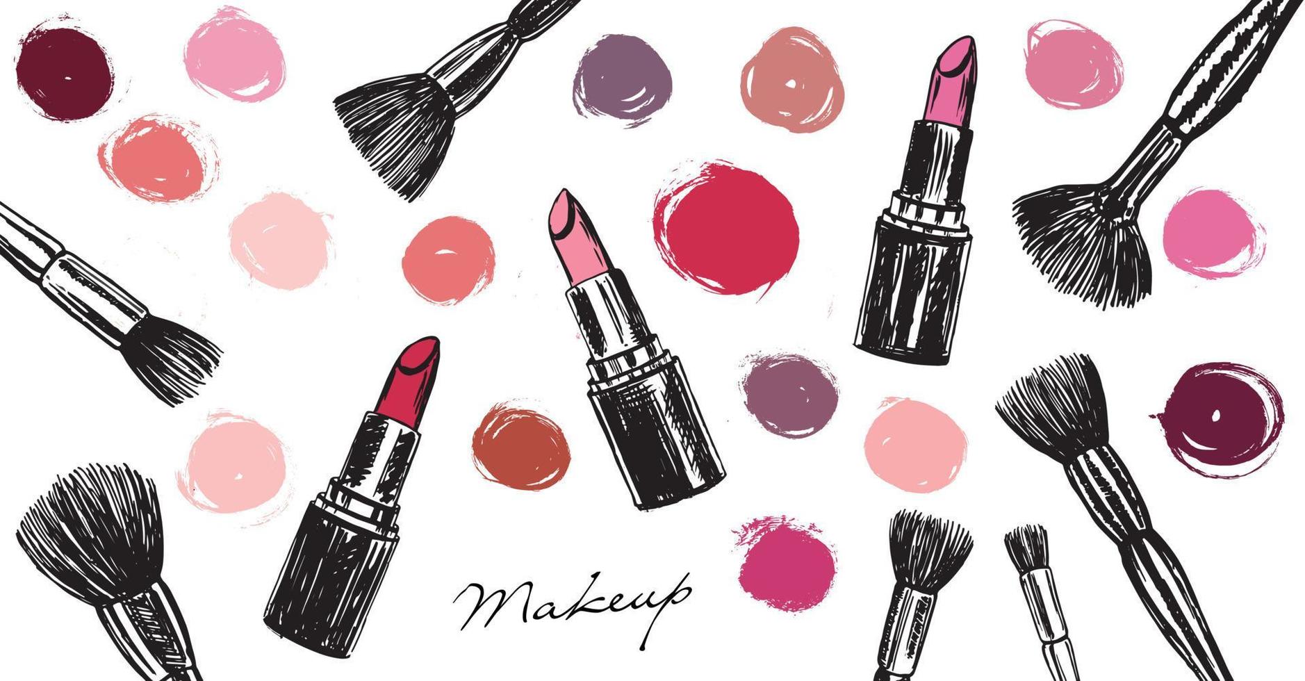 Schminkset. pinsel und lippenstift handgezeichnete illustration. vektor