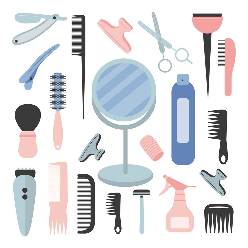 skönhetssalong vektor stor uppsättning. frisörsalong olika verktyg platt stil set. hår kam. sax, spegel, raktrimmer, spray och rakblad.