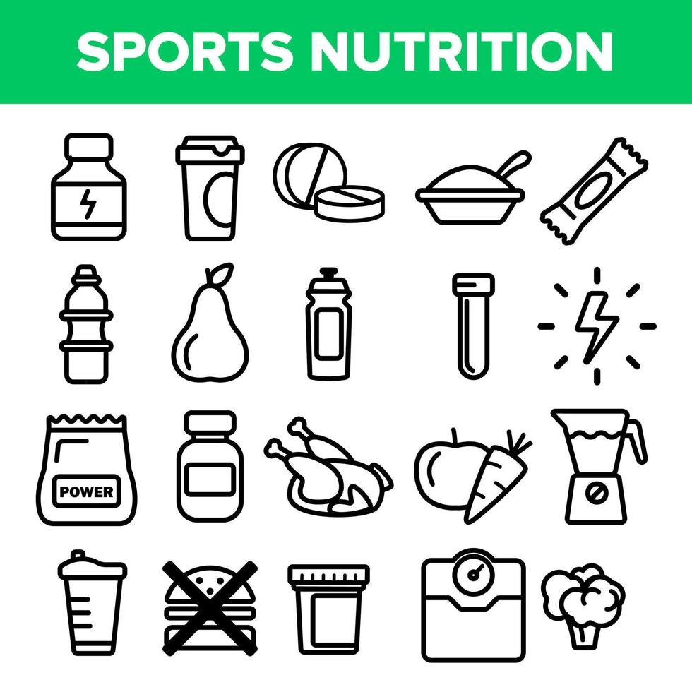 gesetzter Vektor der Sportergänzungslebensmittellinie Ikone. Ernährung Piktogramm. Symbol für Nahrungsergänzungsmittel für Gesundheitssport. Energie-Vitamin-Diät. dünne Umriss-Web-Illustration