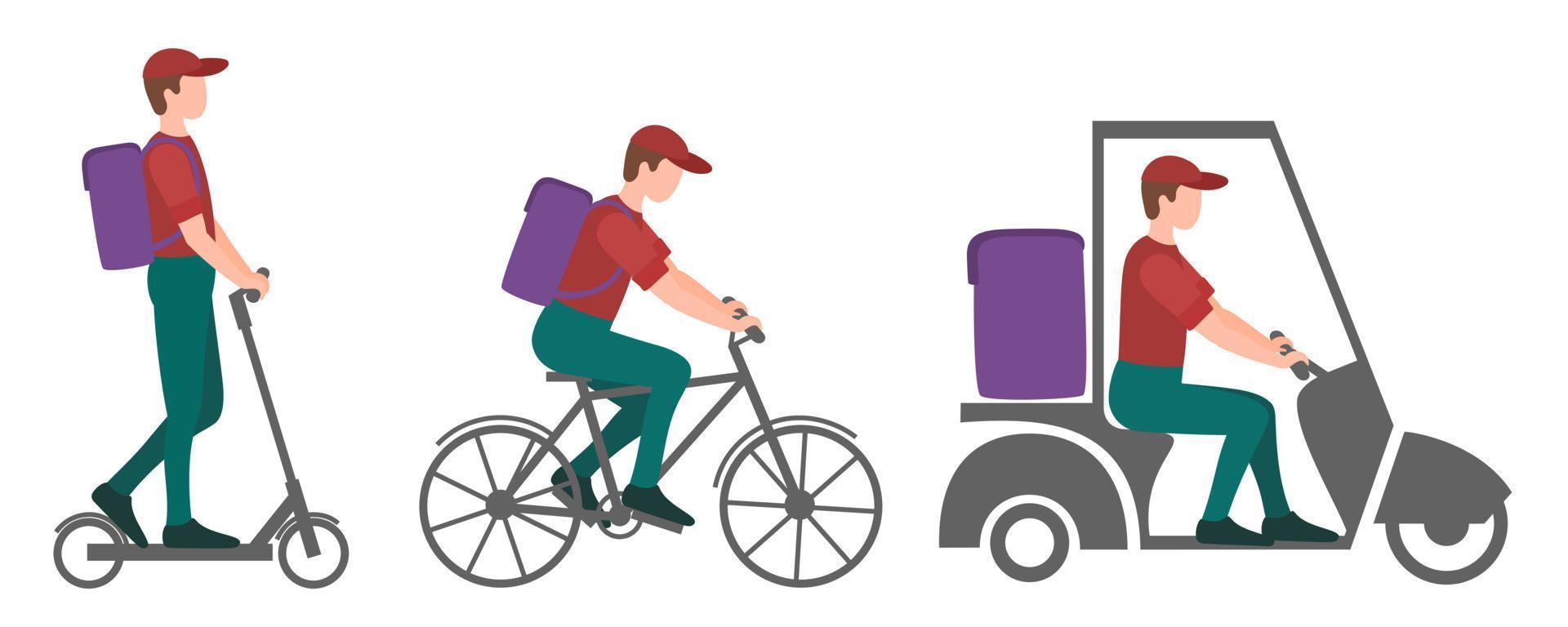 uppsättning typer av kurirer snabbmat leverans eller shopping, online shopping. skoter, trehjuling och cykelbud. platt tecknad design. vektor illustration.