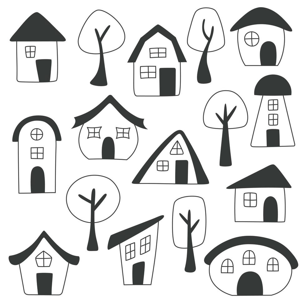 uppsättning handritade hus och träd på vit bakgrund. doodle hem set. vektor illustration.