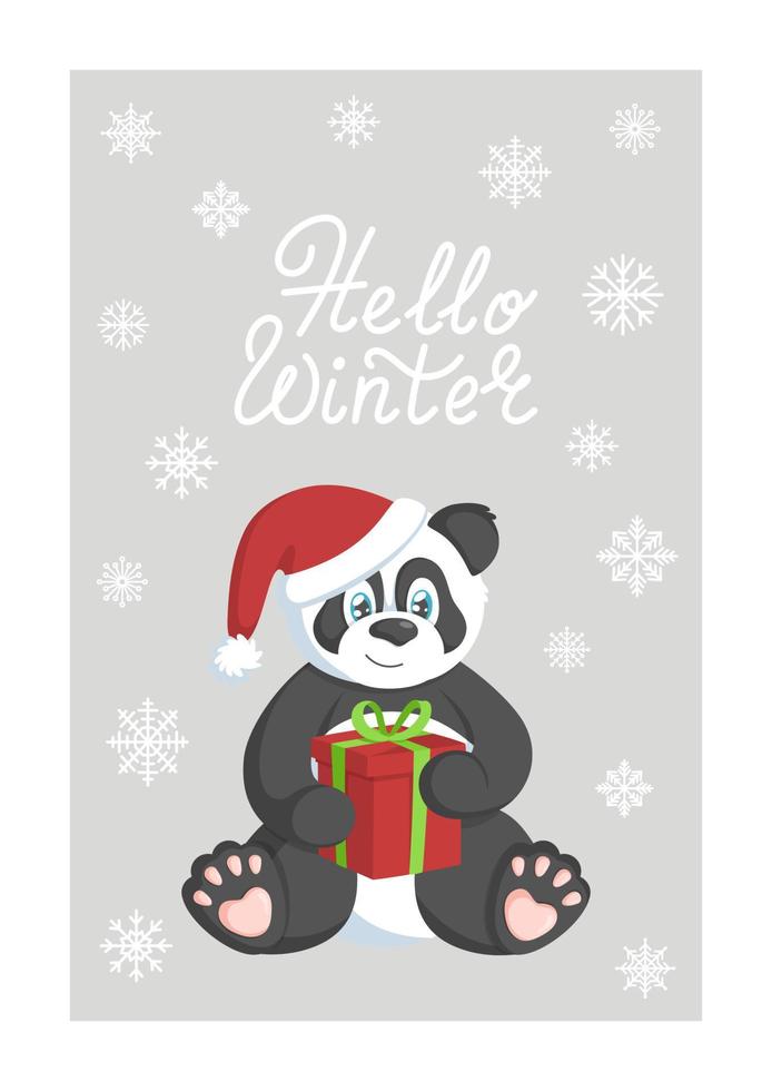 winterkarte mit panda in weihnachtsmütze mit roter geschenkbox und hallo wintertext. vektor