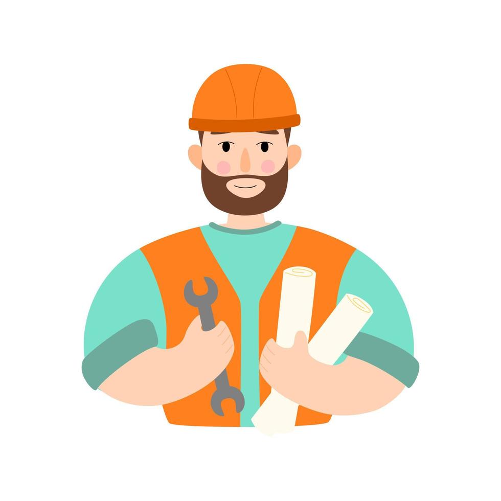 der handwerker hält einen schraubenschlüssel und papiere. Builder-Illustration in einem flachen Stil. vektor