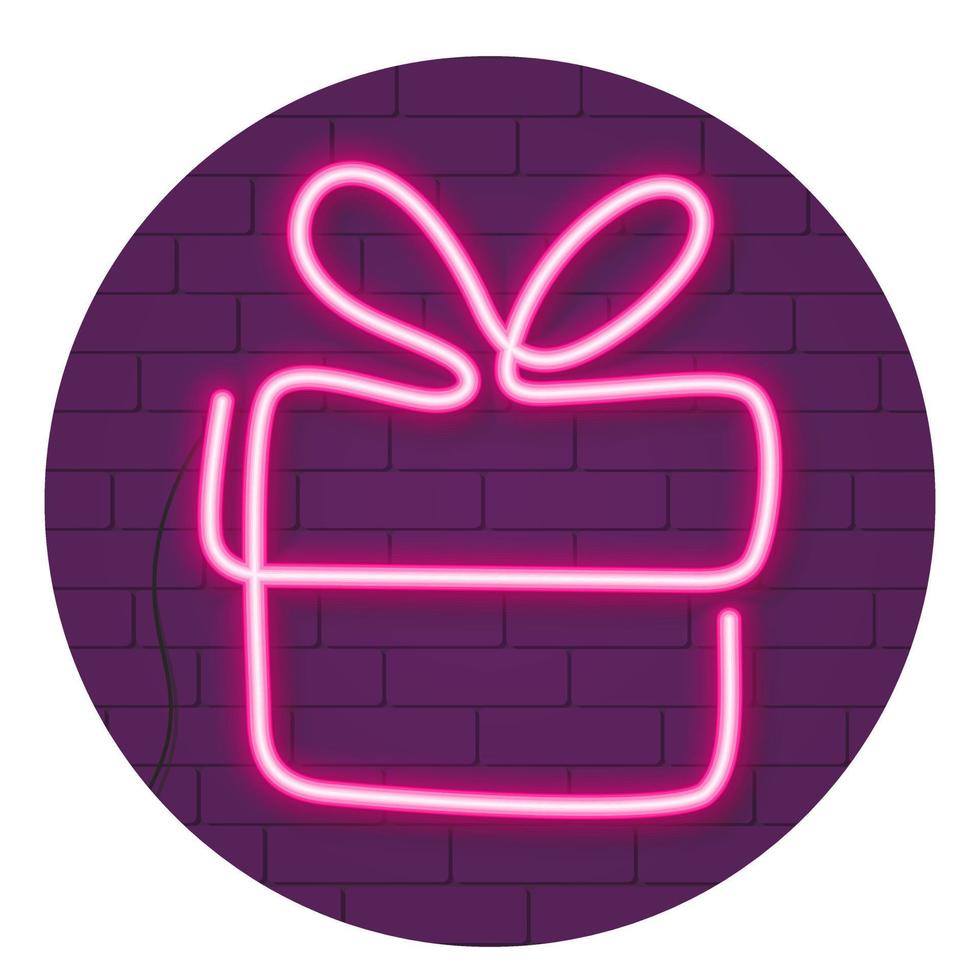 rosa Neon leuchtende Geschenkbox auf einer lila Ziegelwand. Valentinstag-Konzept. vektor