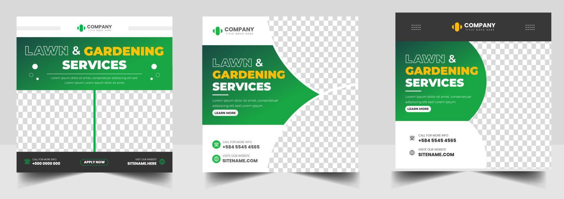 Rasengarten-Service-Social-Media-Post-Banner-Design-Vorlage mit grüner Farbe, Plantagen- und Rasenmähen und Gartendienst-Banner-Design. Rasengarten-Service-Banner. vektor