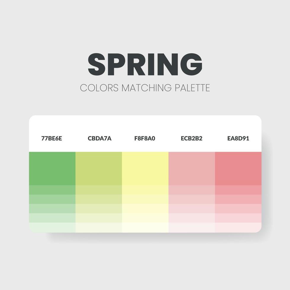 vårens färgmatchande paletter eller färgscheman är trendkombinationer och palettguider i år bordsfärgnyanser i rgb eller hex. ett färgprov för en fräsch mode-, hem- eller inredningsdesign vektor