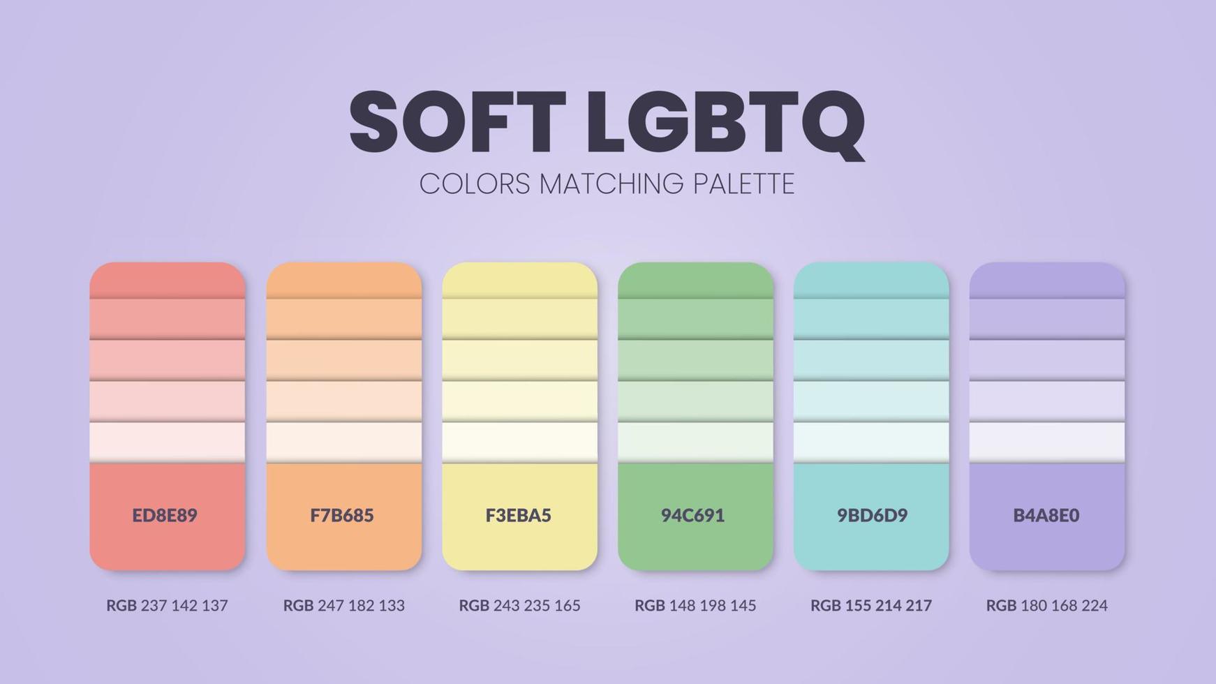 LGBTQ-Stolz-Farbpaletten oder Farbschemata sind Trendkombinationen und Palettenführer in diesem Jahr, Tabellenfarbtöne in RGB oder Hex. ein Farbmuster für eine queere Regenbogenmode, ein Zuhause oder ein Innendesign vektor