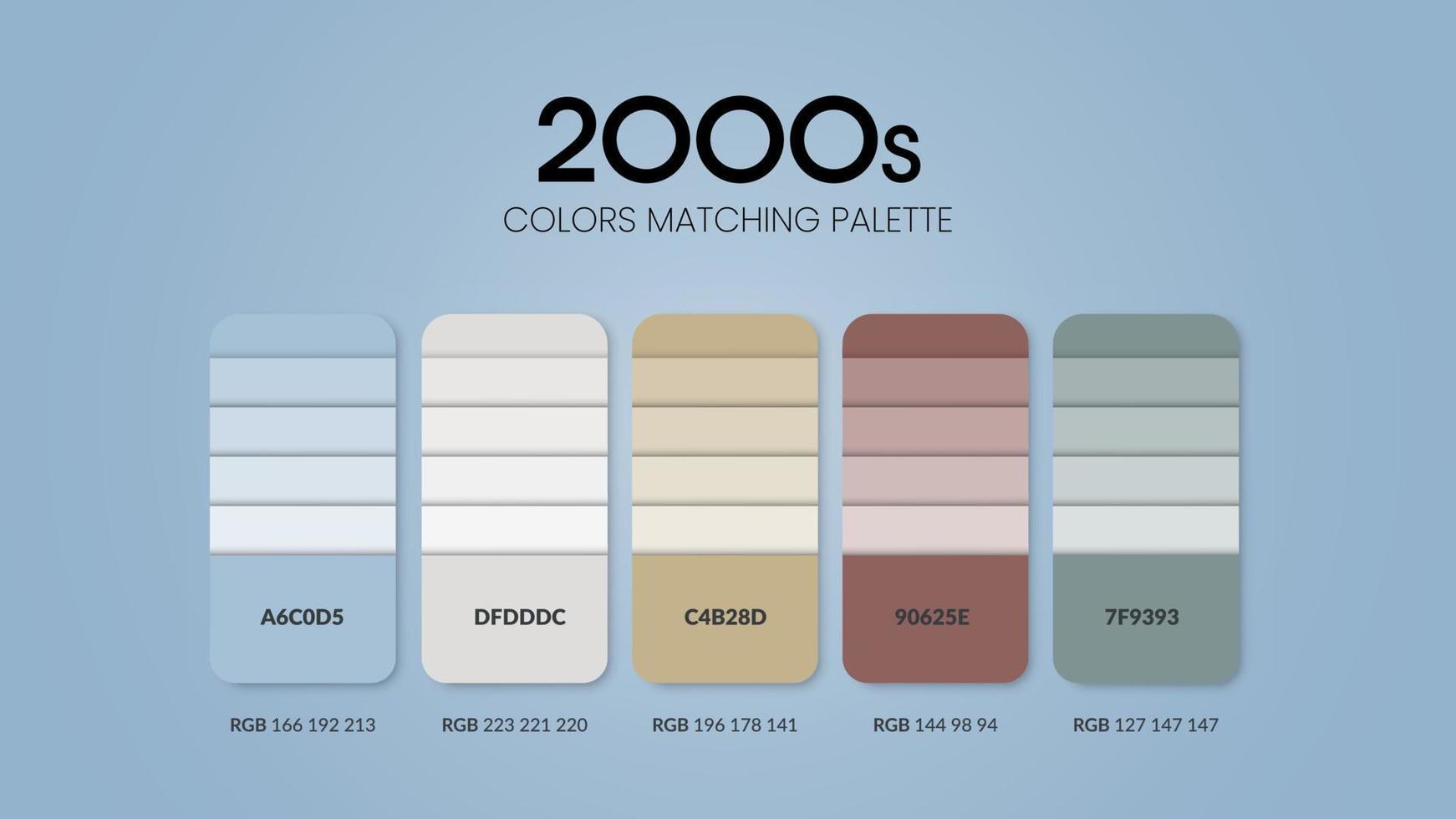 2000-tals färgschemaidéer. färgtrender kombinationer och palettguide. exempel på bordsfärgnyanser i rgb och hex.color swatch för mode, hem, inredning eller cataloque.colour diagram vektor. vektor