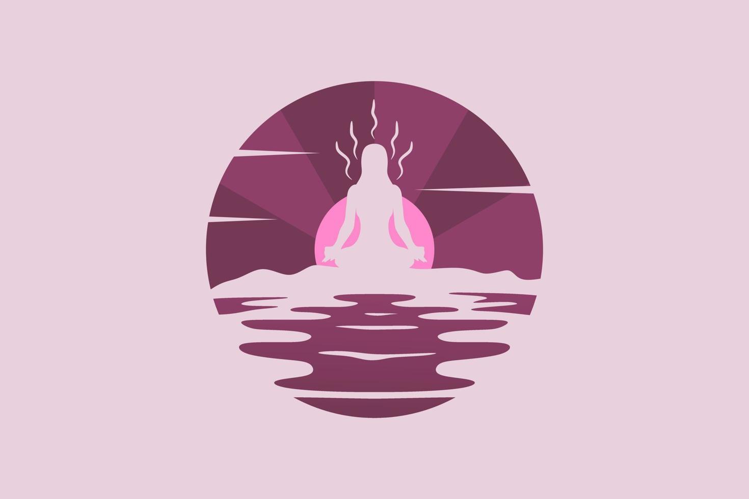 meditation logotyp natt landskap design. silhuett av kvinna som mediterar i kombination med nattlandskap vektorillustration. vektor