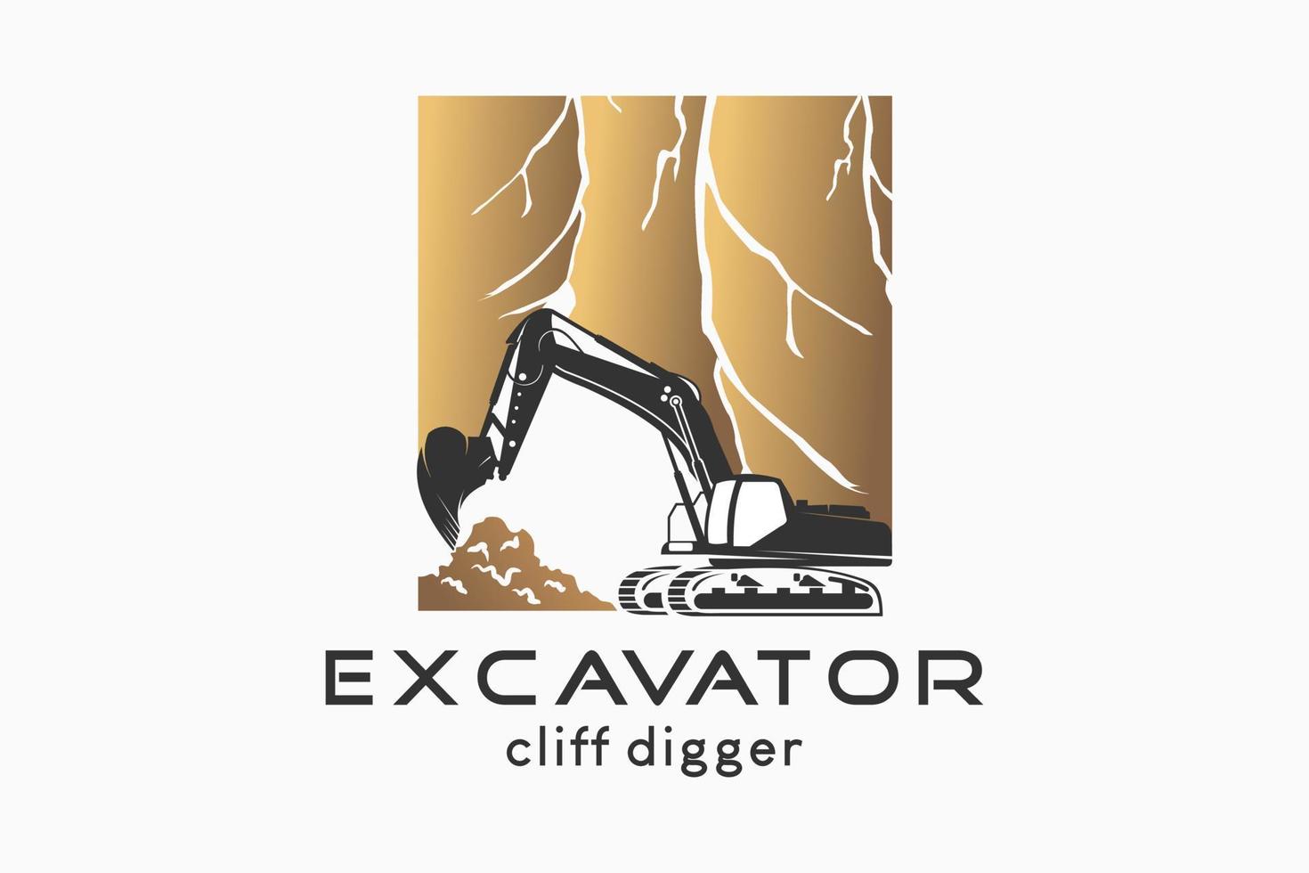 Bagger-Logo-Design mit einer Bagger-Silhouette kombiniert mit einem Klippen-Symbol, Vektorgrafik eines Klippenbagger-Baggers mit einem kreativen Konzept. vektor