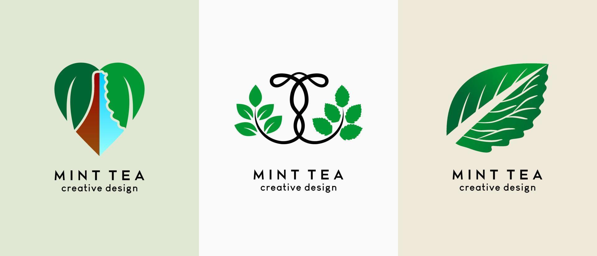 Eine Sammlung von Min Tea Logo-Designs mit kreativen Konzepten, zwei Tees kombiniert mit Minzblättern vektor