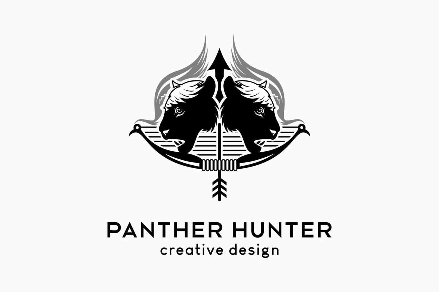 Pantherjäger-Logo-Design oder Tierjäger-Logo, die Silhouette eines Pantherkopfes kombiniert mit einem Bogen und einer Vogelikone mit einem kreativen Konzept vektor