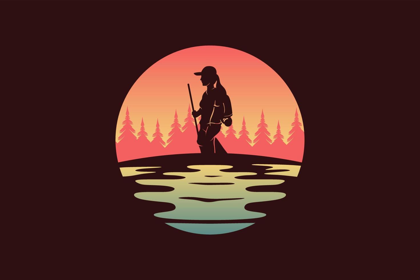 Nachtlandschaftsdesign für Abenteuer-, Wander- oder Campinglogos. Silhouette einer abenteuerlustigen Frau verschmilzt mit Nachtlandschaftsvektorillustration. vektor