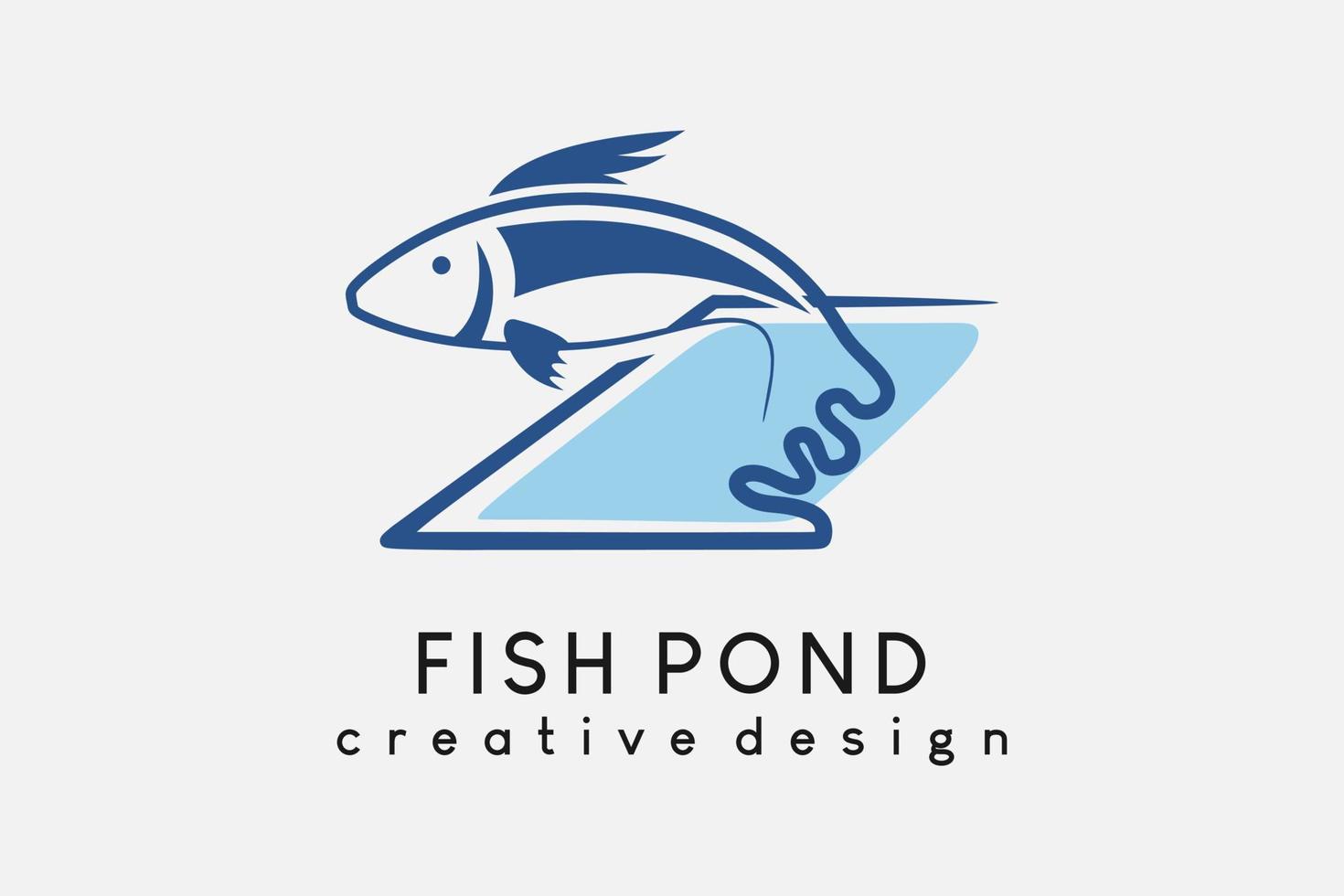 logotypdesign för sötvattensfiskodlare, uppfödare eller fiskodling. fisk som hoppar över dammen med kreativt linjekoncept vektor