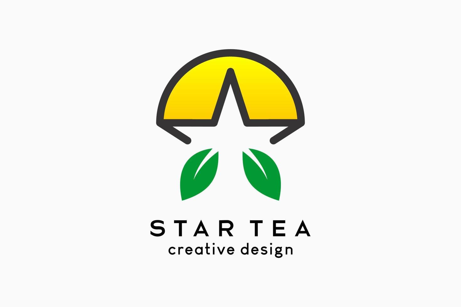 Stern-Tee-Logo-Design, Teeblatt-Symbol kombiniert mit Stern-Symbol und Sonnen-Symbol in einem kreativen Konzept. vektorlogoillustration für getränkegeschäft. vektor