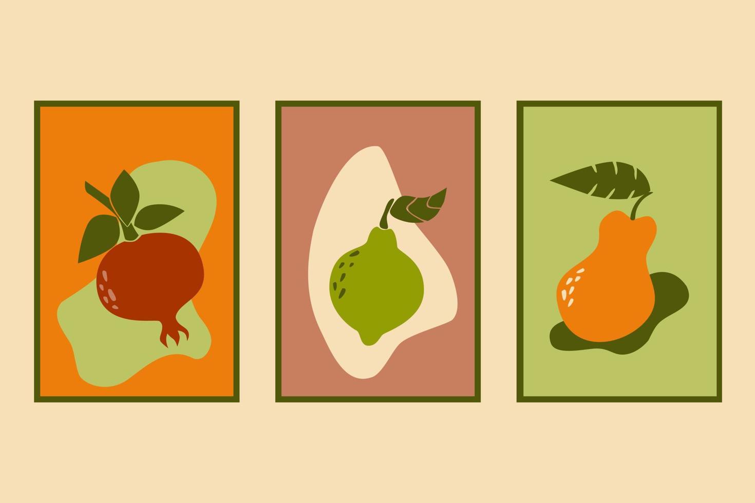 handritad boho frukt och natur former set. modern minimalism illustration, väggkonst affisch, kort, bakgrund. granatäpple, lime, päron. vektor