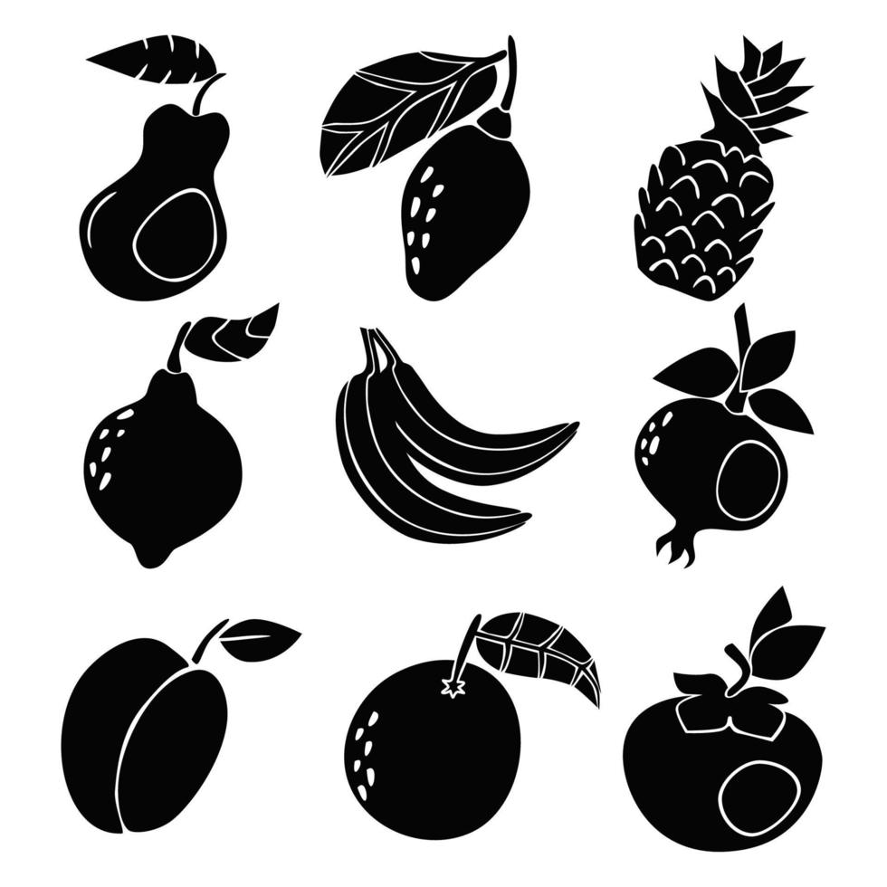 Früchte detaillierte schwarze Silhouetten gesetzt. birne, avocado, ananas, zitrone, banane, granatapfelpflaume orange persimone vektorillustration vektor