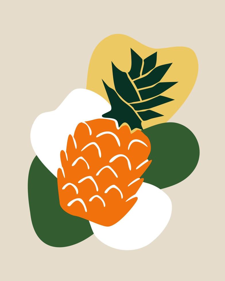 handritad vektor illustration ananas med abstrakta former bakgrund. exotisk tropisk frukt i enkel boho-minimalismstil. designelement för inbjudningar, gratulationskort, affischer
