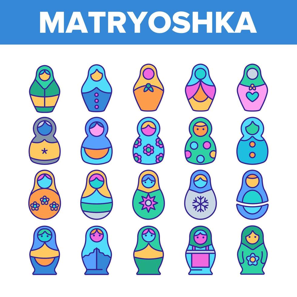 matryoshka leksak vektor färg linje ikoner set