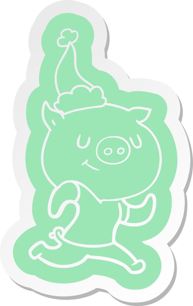 Fröhlicher Cartoon-Aufkleber eines Schweins, das mit Weihnachtsmütze läuft vektor