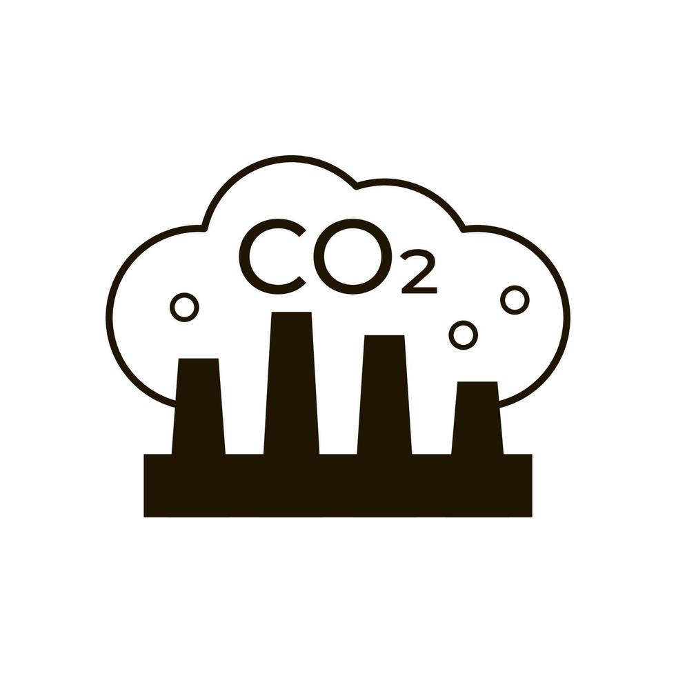 co2-emissionssymbol, kohlenstoff ab werk. fabriksilhouette mit schornsteinverschmutzungsdioxidwolkenrauch. Emblem der Luftkohlenstoffverschmutzung mit industriellen Rauchpfeifen der Fabrik. Vektorzeichen vektor