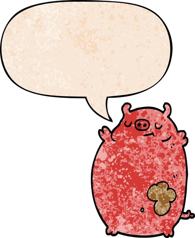 tecknad fett gris och pratbubbla i retro textur stil vektor