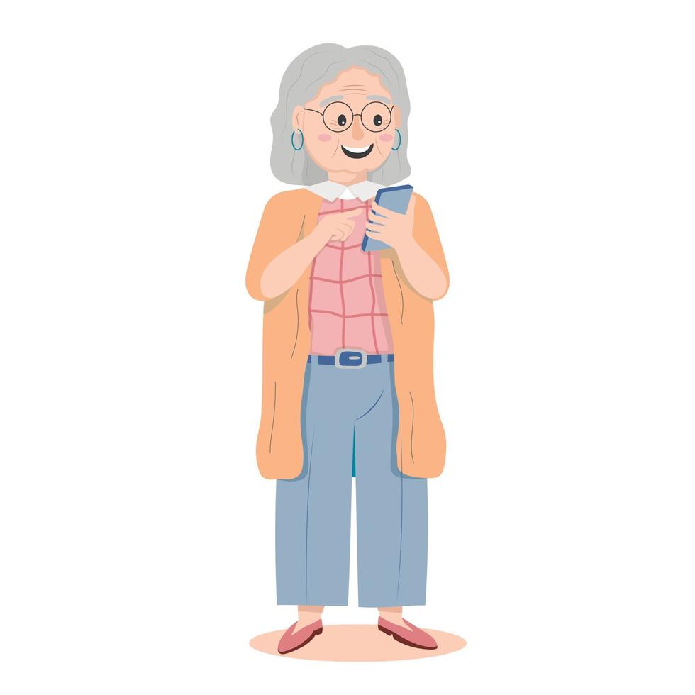 äldre kvinna använder glatt smartphone isolerad på vit bakgrund platt tecknad grafik vektor