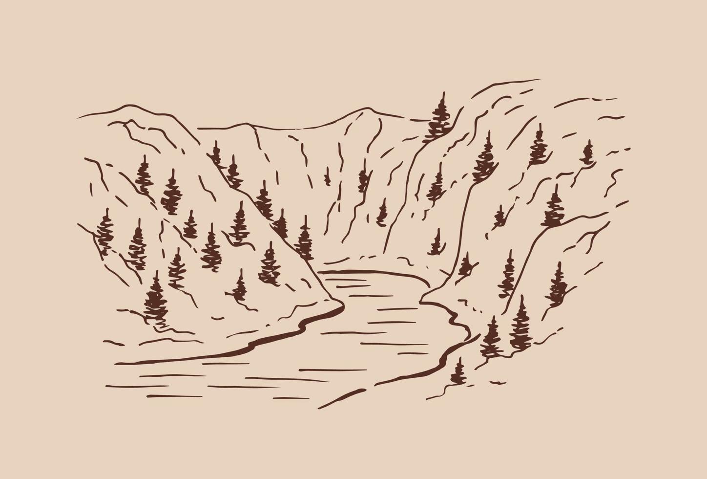 Landschaft mit Bergen und Wald. handgezeichnete illustration in vektor umgewandelt.