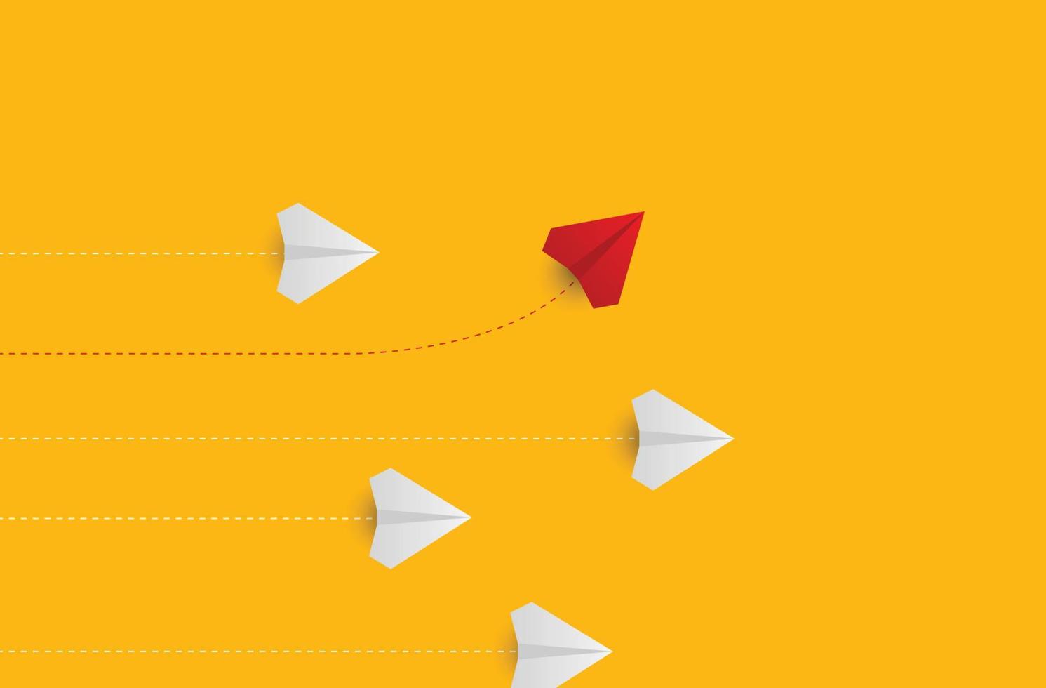 kreativa pappersplan på gul bakgrund. ledarskap och framgång concept.group av vita pappersplan i en riktning och ett rött pappersplan som pekar på olika sätt. vektor illustration