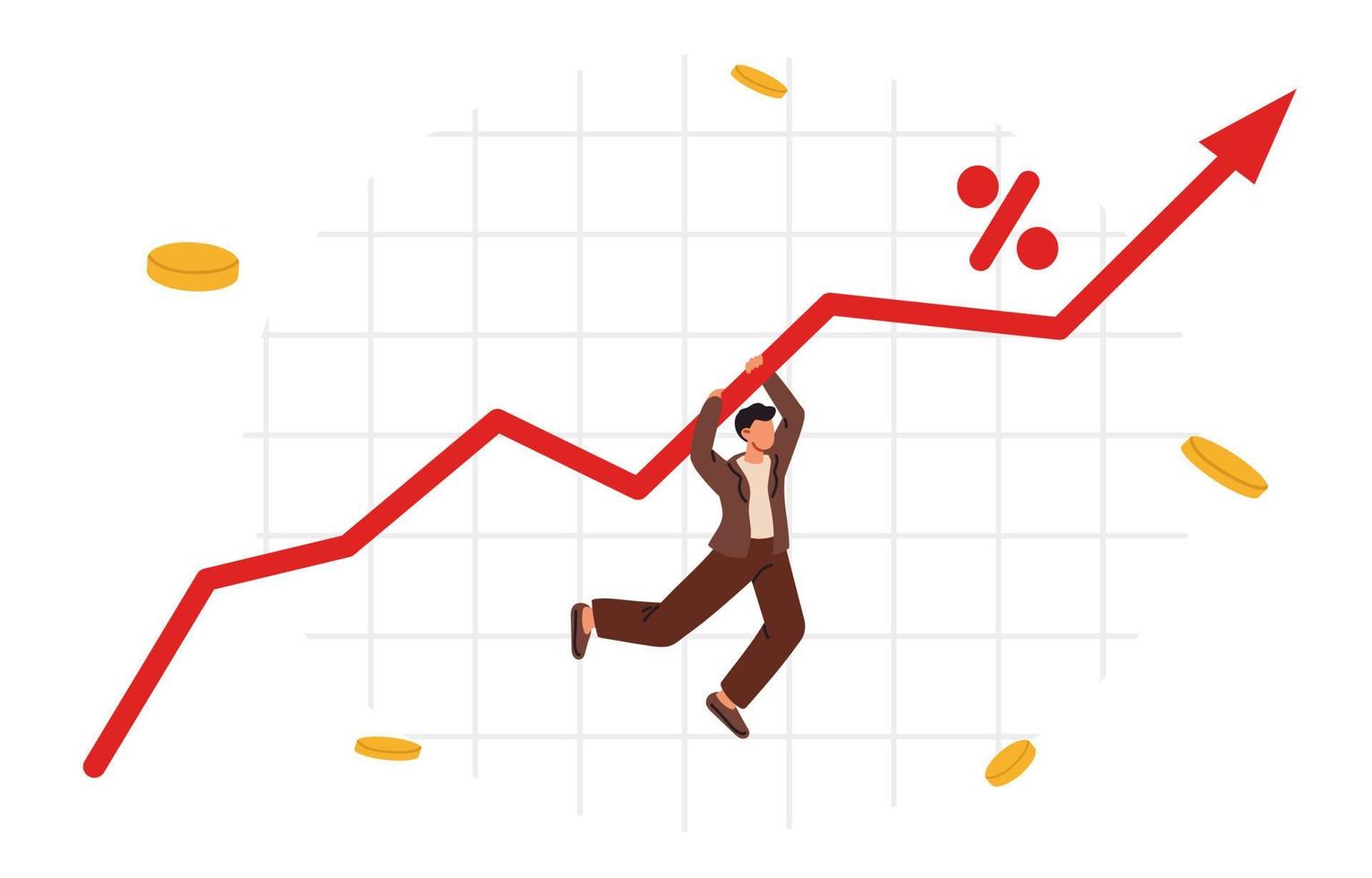 Geschäftsmann fällt im Diagramm mit Inflation hoch oben herunter. Bankzinserhöhung. Wirtschaftskonzept. wirtschaftskrise oder steigendes konzept der verbraucherpreise. Inflation Finanzkrise. flache vektorillustration vektor