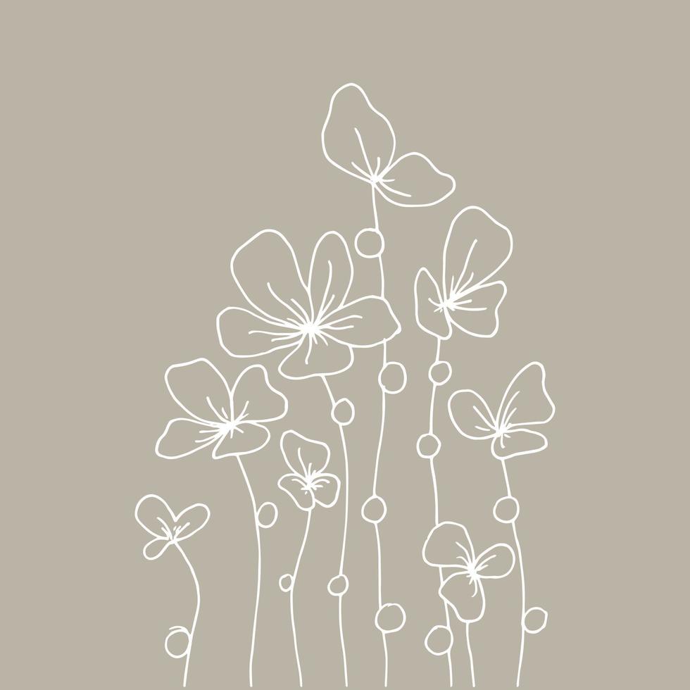 Vektor Strichzeichnung. Blumen auf einem rosa Hintergrund. Postkarte mit minimalem Design. Botanisches Logo.