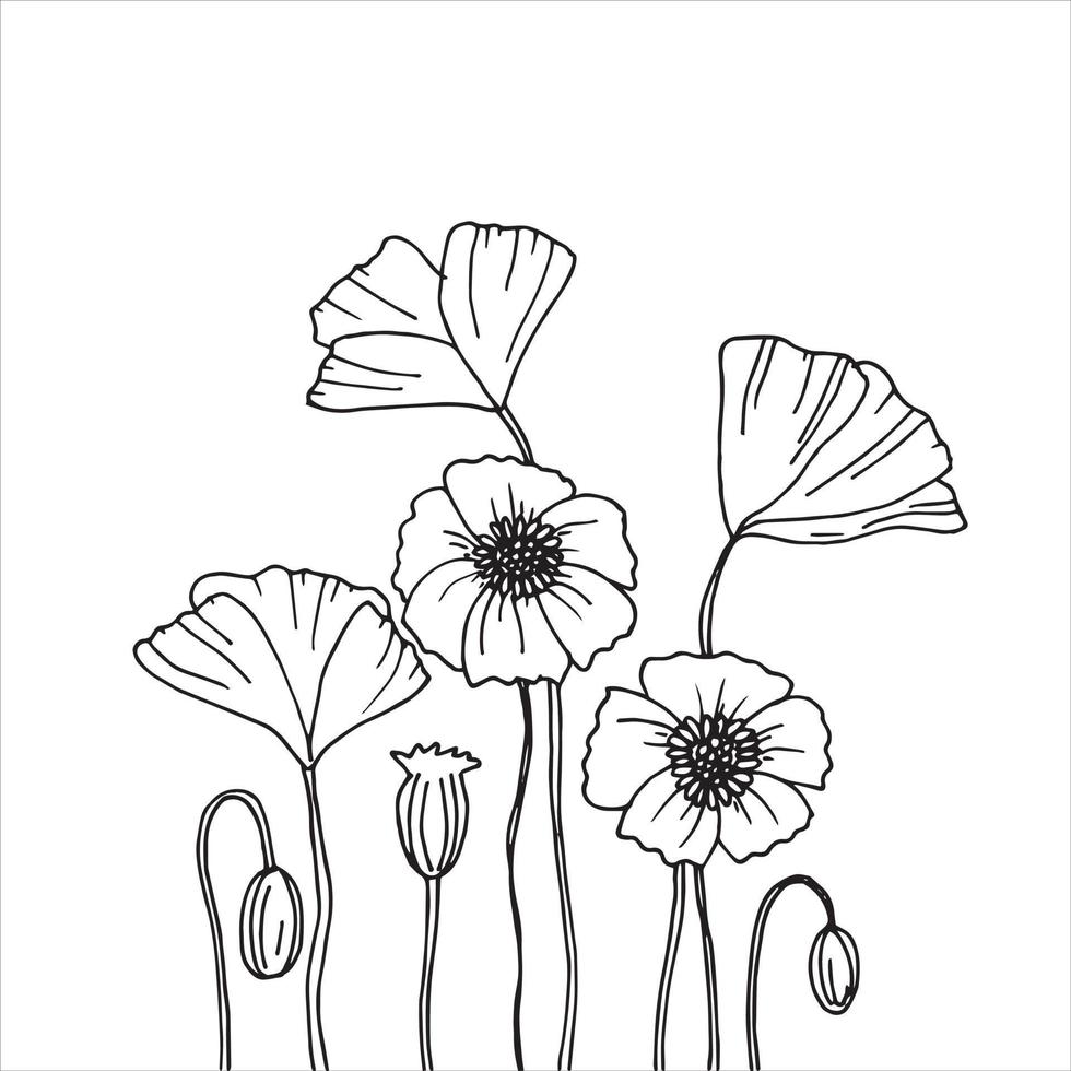 vektor illustration i doodle stil. enkel linje ritade vilda blommor, grafisk svartvit ritning, kant, ram. abstrakta blommor, löv, grenar