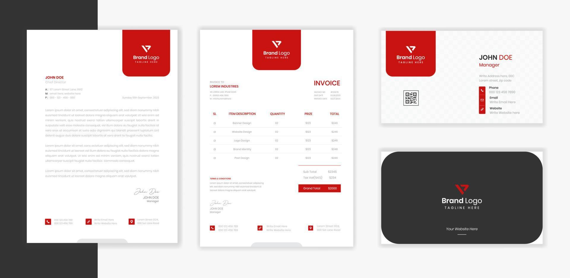 rotes firmenbriefpapier-design-set mit briefkopf, visitenkarte, rechnungsdruckset vektor