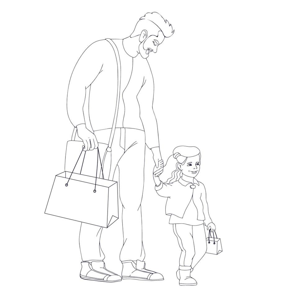 familj med inköp. far med dotter håller shopperväskor. vektor. vektor