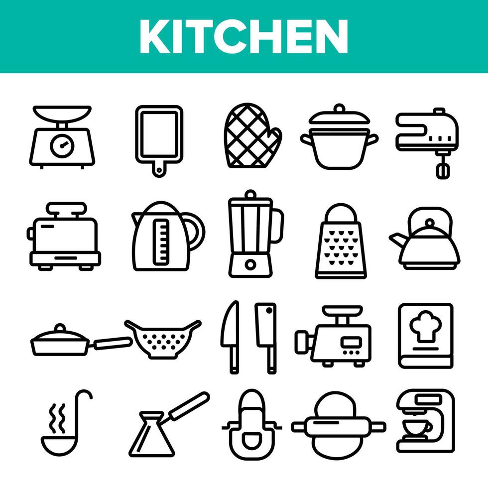 köksutrustning linje ikonuppsättning vektor. hem kök verktyg symbol. klassiska köksutrustning matlagning ikoner. tunn kontur webbillustration vektor