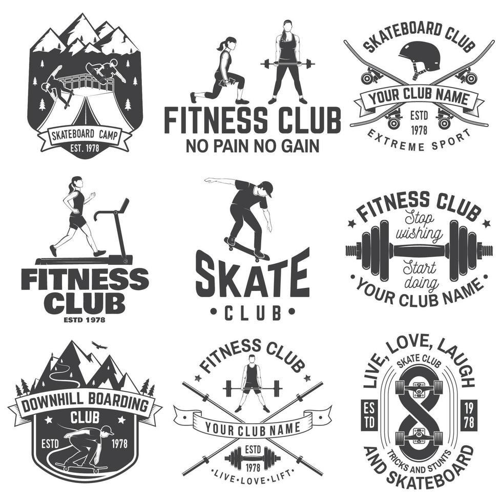 uppsättning fitness- och skateboardklubbkoncept med flickor som tränar och skateboardåkare siluett. vektor