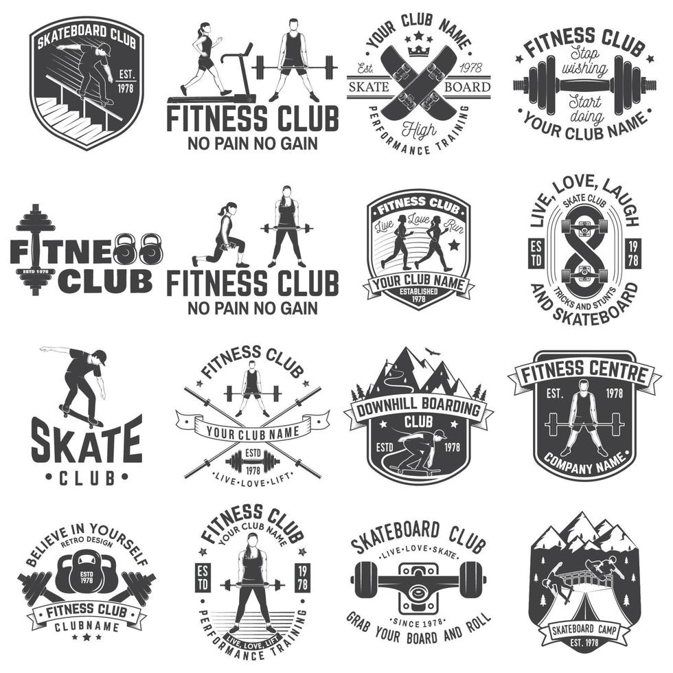 uppsättning fitness- och skateboardklubbkoncept med flickor som tränar och skateboardåkare siluett. vektor