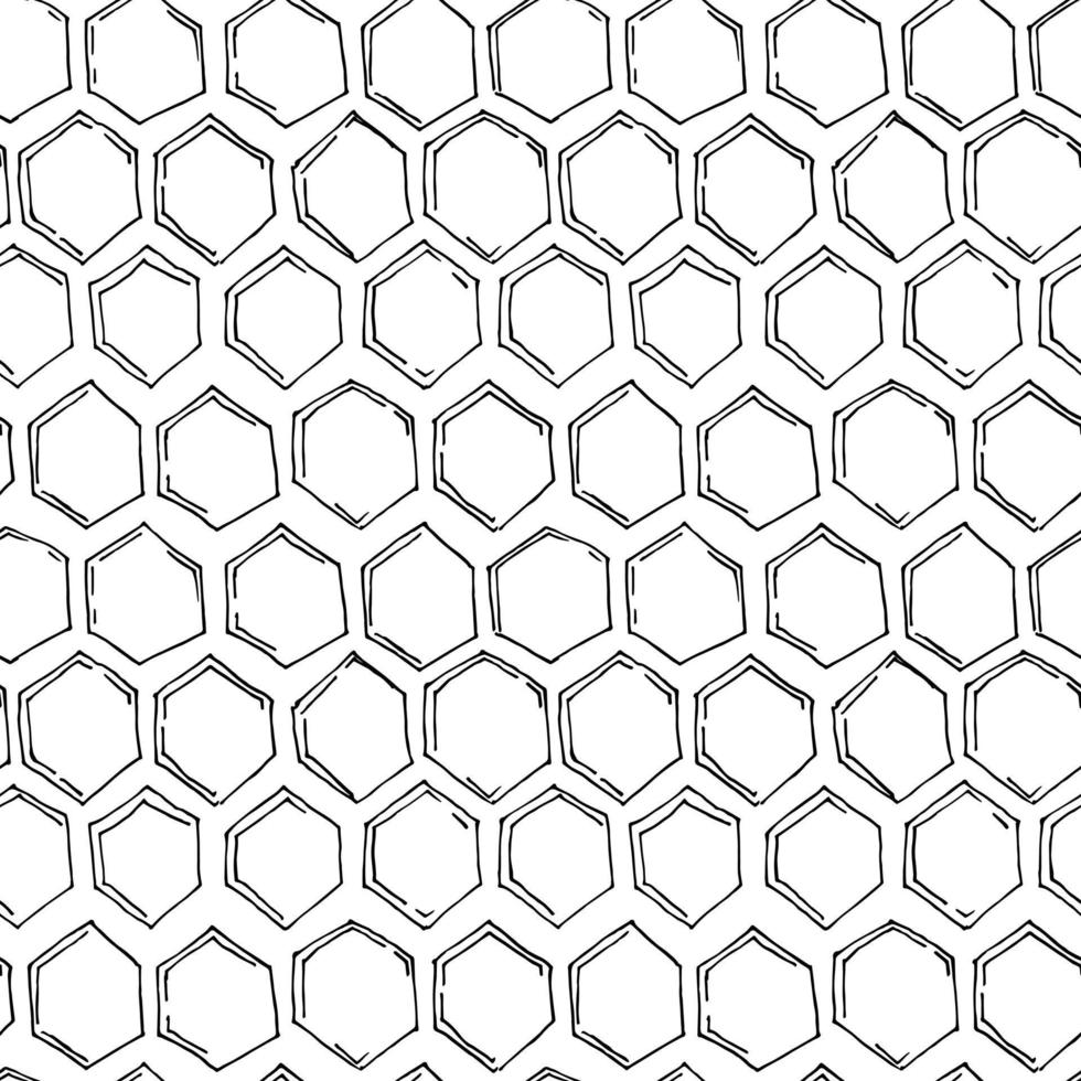 honeycomb sömlösa mönster. hexagon svart bakgrund. geometrisk konsistens av honungskam. handritad skiss vektor