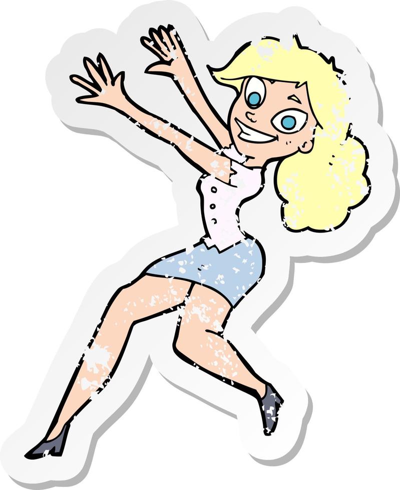 Retro-Distressed-Aufkleber einer springenden Cartoon-glücklichen Frau vektor